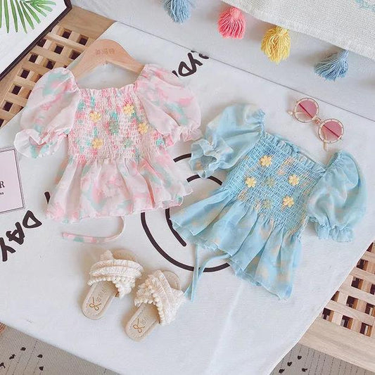 Girls' Summer T-shirts Children's Short-sleeved Western-style Children's Clothes Little Girls Chiffon Shirts