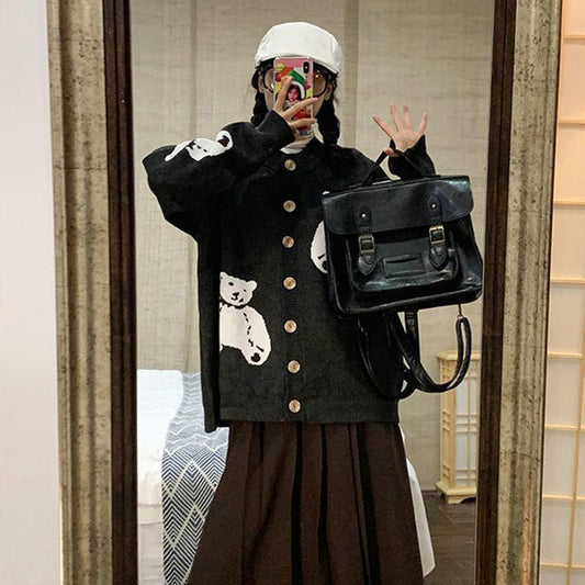 Autumn Winter Sweater Cardigan Women's Casual Loose Fashion Retro Long-sleeved Shirt Student Wild Bear Sweater Coat