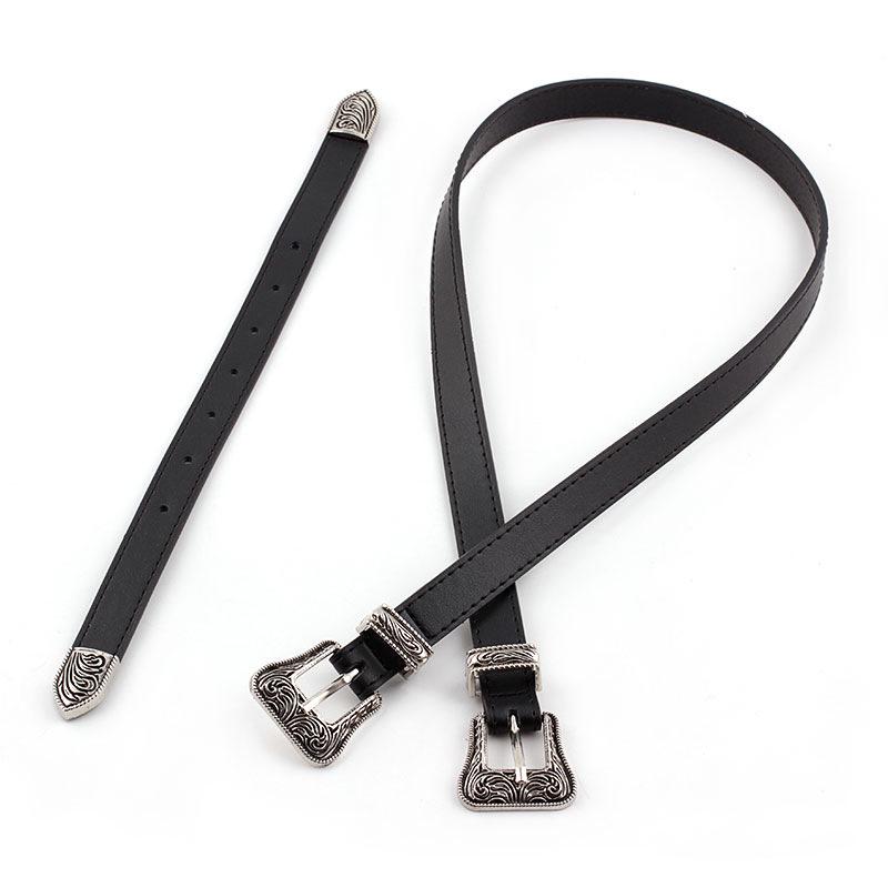 Vintage Carved Double-head Buckle Ladies Pin Buckle Belt Black Pants Belt
