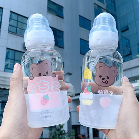 Cute Girl Glass Water Bottle Creative Fashion Bear Pattern Personality Straw Cup Student Couple Portable Water Cup
