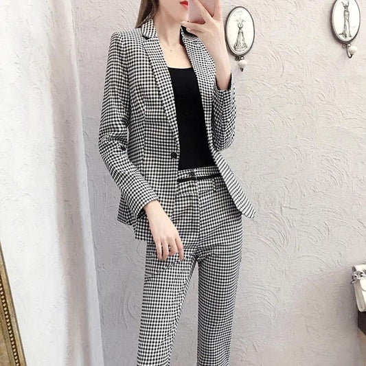 Spring and Autumn Black and White Professional Plaid Suit Suit Women's Temperament Long-sleeved Suit Pants Two-piece Set