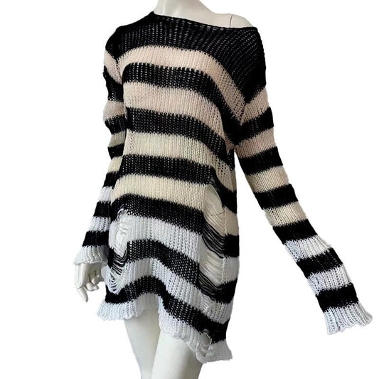 Sweater Women Stripe Ripped Pullover Mid-length Punk Loose Openwork Knitwear Top Trending Aesthetic Purple Sweater Dress Jumper