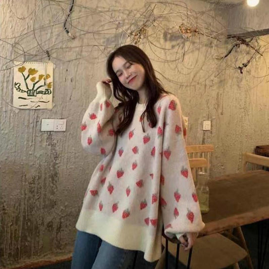 Autumn and Winter Knitted Strawberry Sweater Female Loose Round Neck Long Sleeved Sweater