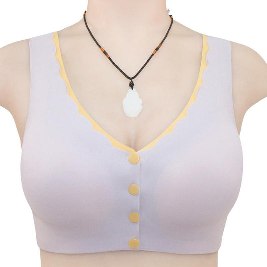 Contrasting Color Design Front Buckle Cotton Cup Large Stretch Vest Large Size No Steel Ring Bra Fixed Shoulder Strap Anti-sagging Simple Natural Bra