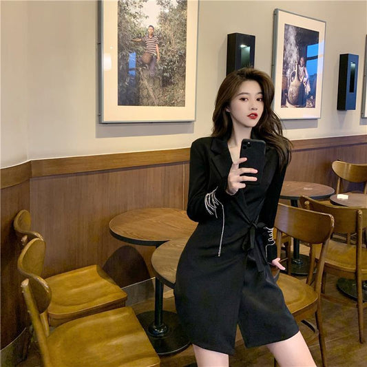 Spring and Autumn Design Sense Rhinestone Straps Long-sleeved Black Suit Dress Waist A-line Temperament Mid-length Skirt Women
