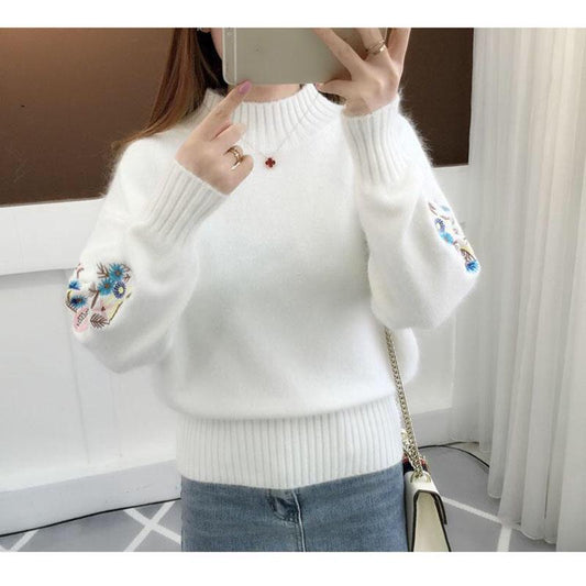 Half Turtleneck Sweater Thicken Women's Autumn and Winter Short Embroidery Flower Base Knit Long Sleeve Pullover