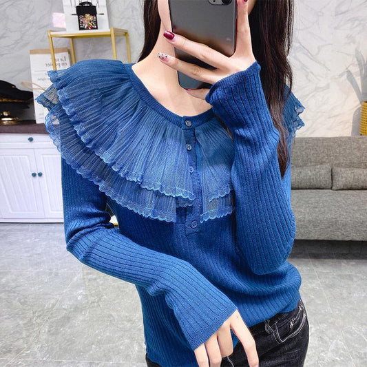 Autumn and Winter Lotus Leaf Collar Knitted Bottoming Shirt Slim Button Solid Color Sweater Fashion All-match
