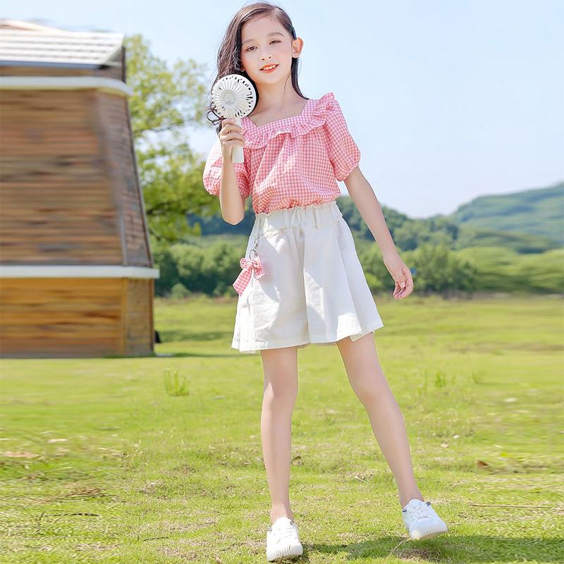 Girls Fashion Clothes Suit Short Sleeve Shirt Short Skirt 2-piece Suit Cartoon Girl Bowknot Cotton Children Clothes Suit
