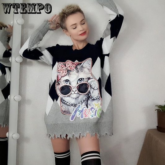 Autumn Winter Cartoon Print Tassel Sweater Women Mid-length Pullover Knitwear Loose Casual Jumper Outer Wear