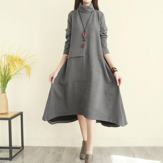 Vintage Turtleneck Sweater Dress Women Autumn Winter Long Bottoming Dress Loose Asymmetric Knitted Dress Outwear