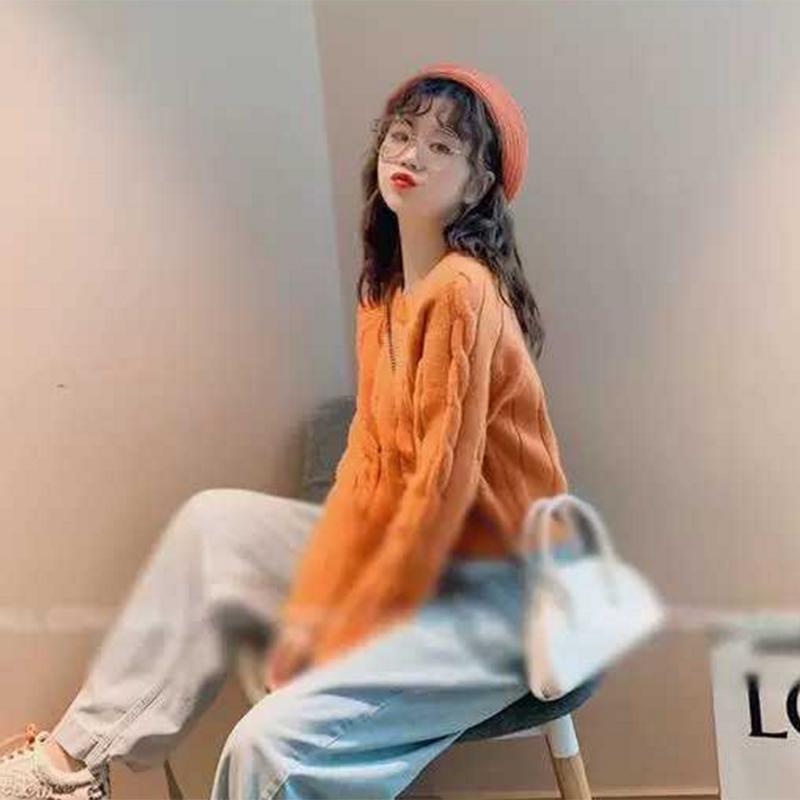 Pofulove Wind Short Sweater Female Students Loose Avocado Green Western Sweater Sweet Cute Sweater