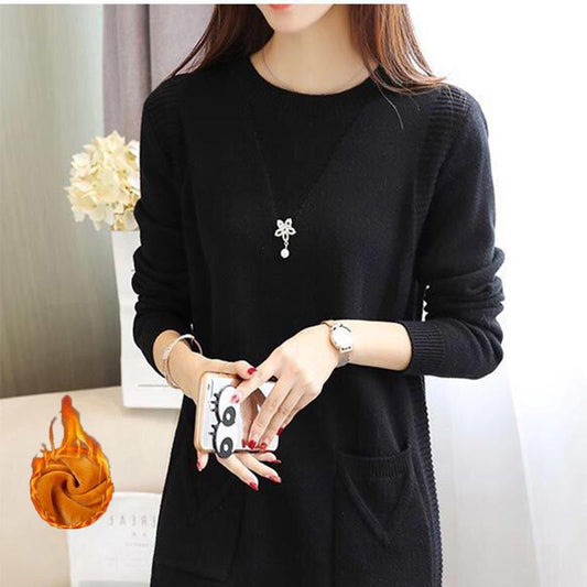 Autumn and Winter Style Close-fitting Fleece Sweater Women's Slim Mid-length Knitted Bottoming Shirt Solid Color Round Neck Warm Blouse