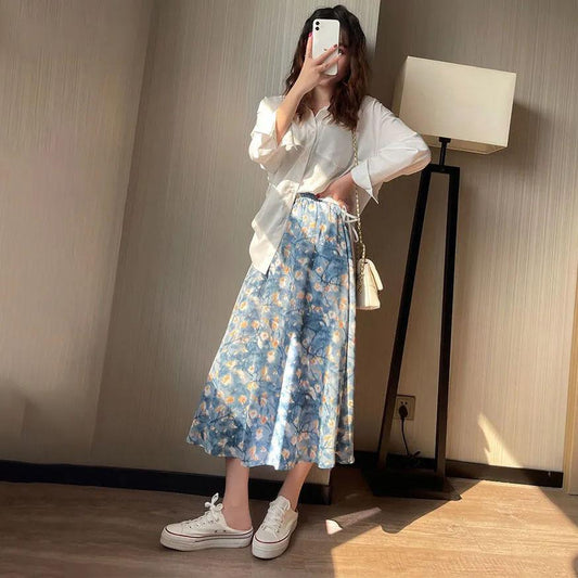 Women's Retro Oil Painting Floral Skirt Spring Summer Korean Style Loose All-match Thin A-line Large Swing Skirt Breathable Sweet Skirt
