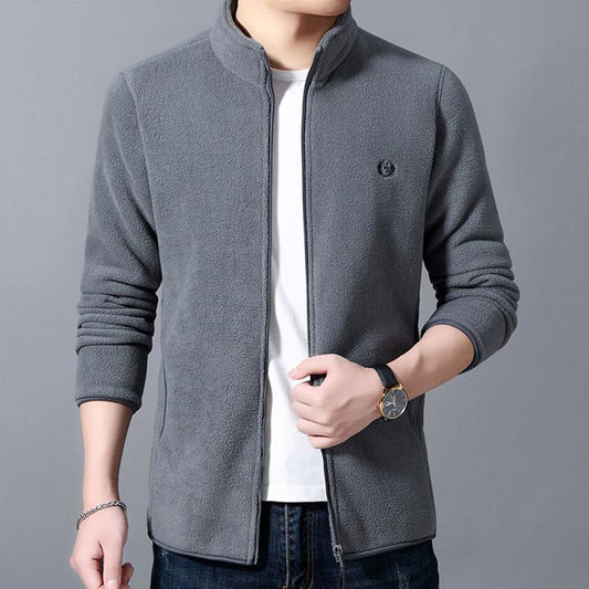 Men's Stand Collar Fleece Jacket Long Sleeve Warm Casual Jacket Double Sided Fleece Solid Color Cardigan Soft Fabric Zipper Jacket