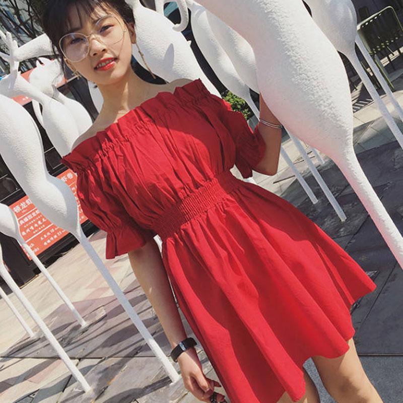 Fashion Summer Short Sleeve Sexy Slash Neck Dress Above Knee Backless Elastic Waist Dress