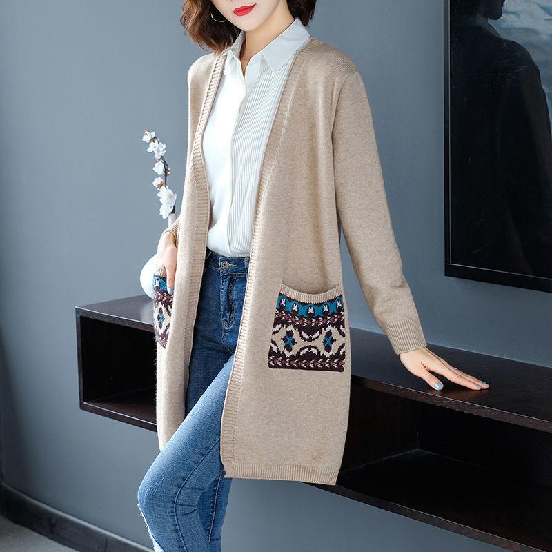 Spring and Autumn Mid-length Knitted Sweater Cardigan Loose All-match Jacket Simple Embroidered Female Jacket