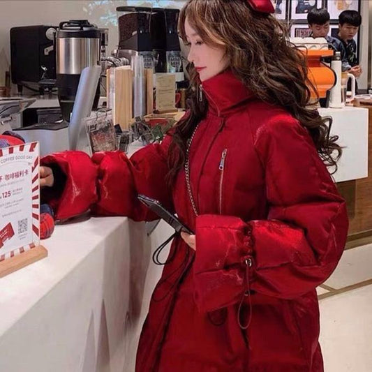 Jacket Women's Fall/winter Down Cotton Jacket Loose Korean Mid-length Section Waist Thickened Bright Silk Cotton Jacket Winter Thick Coat Cute