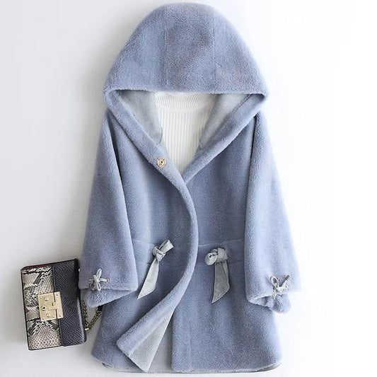 Women's Particle Cashmere Coat Winter Thick Hooded Loose Lamb Wool Coat Mid-length Faux Wool Fur Coat