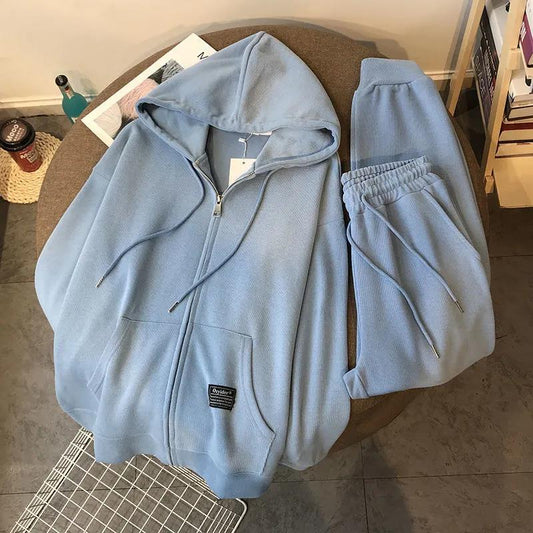 Women Korean Loose Sports and Leisure Two-piece Suit Autumn and Winter Plus Velvet Thick Zipper Sweater