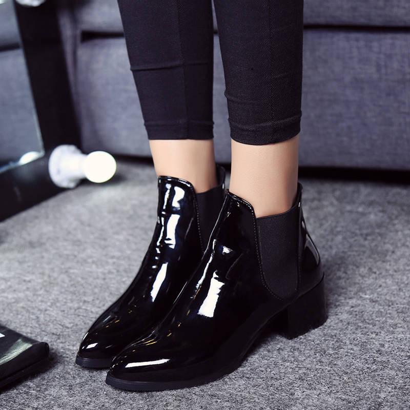 Ankle Boots Women Leather Boots Thick Med Heel Chelsea Boots PU Leathe Zipper Short Shoes Women