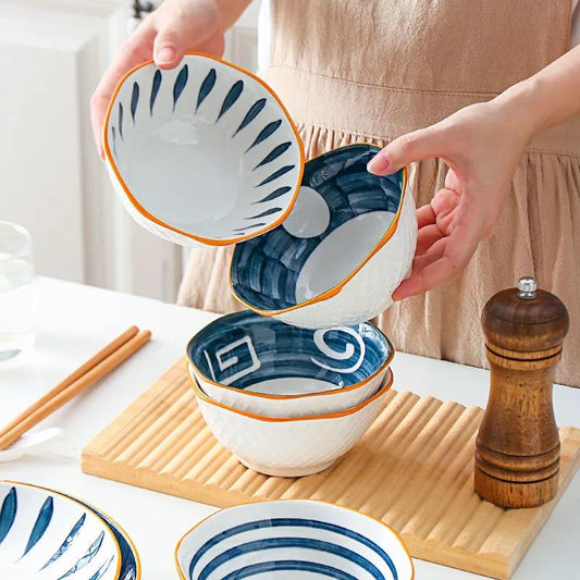 Ceramic Bowl Set Family Combination Personality Octagonal Bowl Japanese Underglaze Color Soup Bowl Rice Bowl Tableware Fruit Bowl