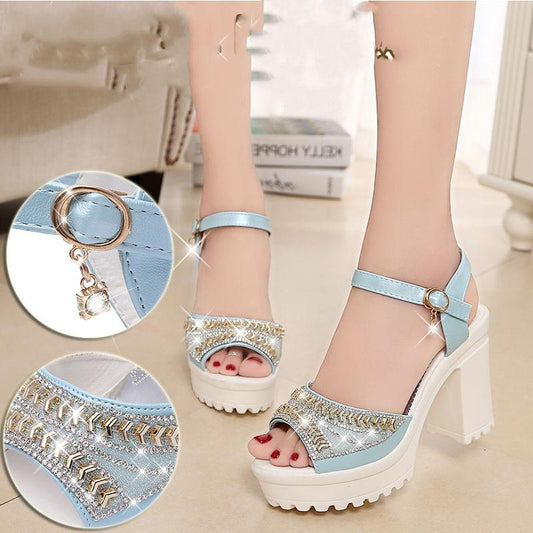 Good Quality Summer Rhinestone Fish Mouth Shoes Platform High Heel Women's Shoes Buckle Chunky Heel Sandals