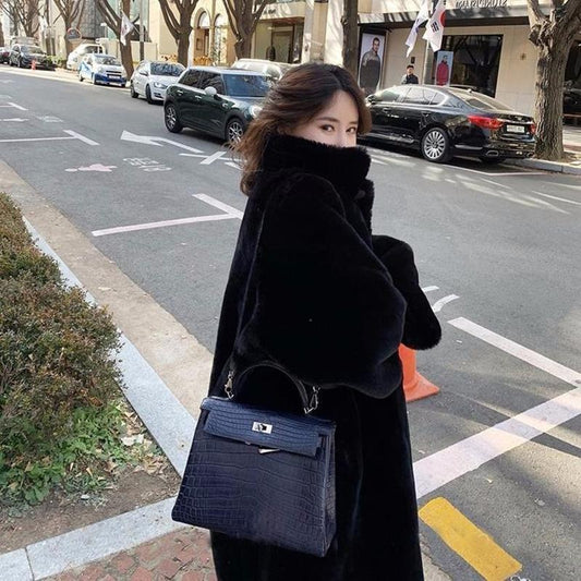 New Autumn and Winter Artificial Mink Fur Loose Coat Ladies Lamb Fur Coat Mid-length Warm and Cold-proof Plus Velvet Coat Plus Size Women's Clothing