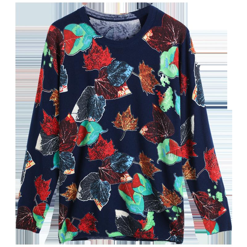 Autumn Women's Printed Thin Sweater Round Neck Pullover Long Sleeve Sweater Fashion Plus Size Sweater