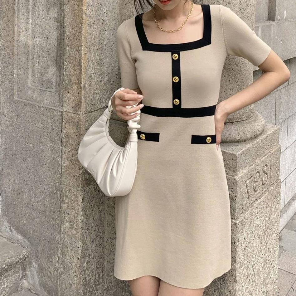 Female Vintage Knitted Short Sleeve Party Dress Slim Elegant Square High Waist Button Holiday Dress