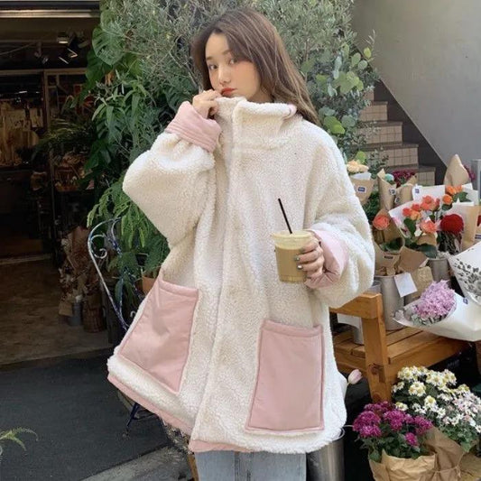 Korean Mid-length Double-sided Cotton-padded Jacket Women's Winter Cotton-padded Jacket and Lamb Wool Thick Coat Sweet
