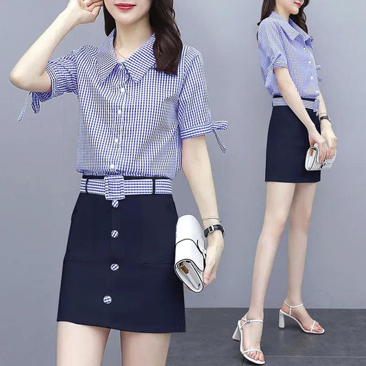 Large Size Skirt Set Women's Plaid Short-sleeved Shirt High-waisted Skirt Two-piece Bow Knot Sleeve Plaid Belt A-line Skirt Slim Summer Dress Suit