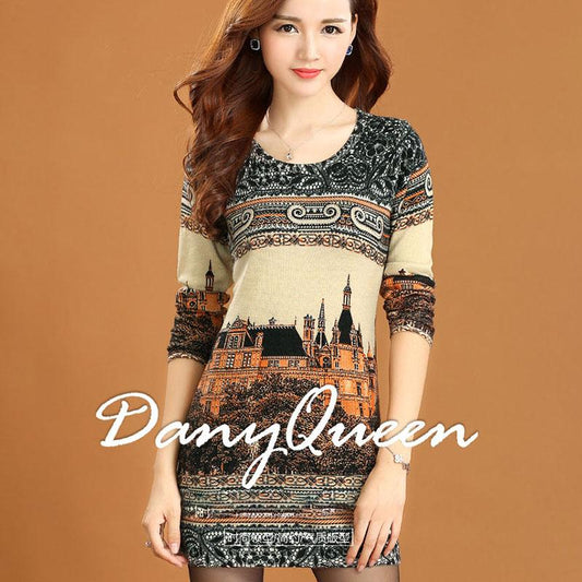 Women's Cashmere Sweater Printing Mid-length Wool Sweater Large Size Knit Sweater Dress Female Bottoming Dress Fall Winter
