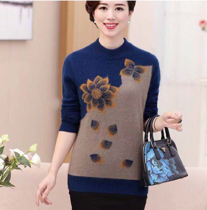Women's Faux Mink Fleece Crew Neck Sweater Floral Diamond Pullover Loose Casual Plus Size Knit Sweater