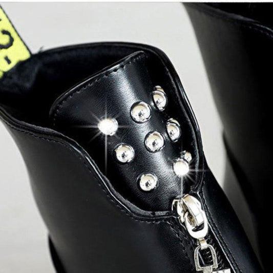 Women's Autumn and Winter Warmth and Velvet High-heeled Ankle Boots Round Toe Front Zipper Chunky-heel Martin Cotton Boots