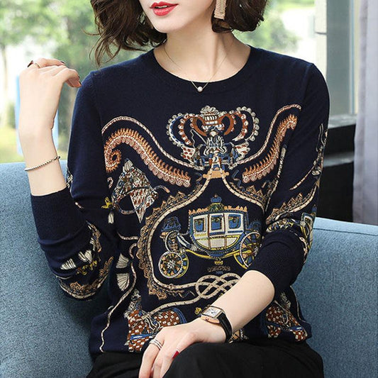 Vintage Print Short Woolen Sweater Women Fashion Pullover Sweater Female Woolen Jumper Outwear or Bottoming