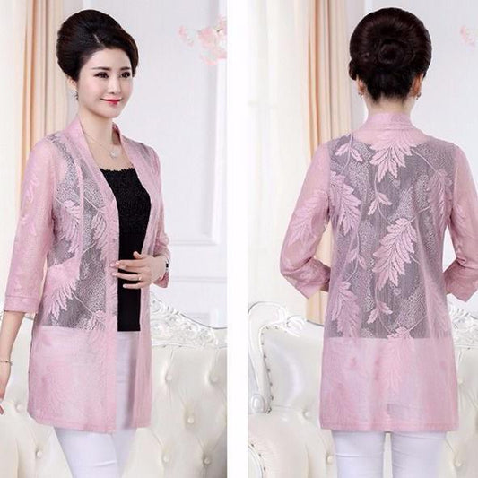 XL-5XL Spring and Summer Sunscreen Lace Cardigan Mesh Shawl Women's Air-conditioned Shirt Plus Size Loose All-match Coat