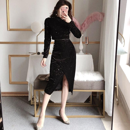 Spring and Autumn Skirt Suit Women's Gold Velvet Crop Top and Mid-length High Waist Bag Hip Skirt Two-piece Set Ladies Glittering Outfits