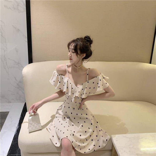 Female Summer Vintage Simple Elegant Wave Point Dress Sling Short Graceful Slim Party Dress