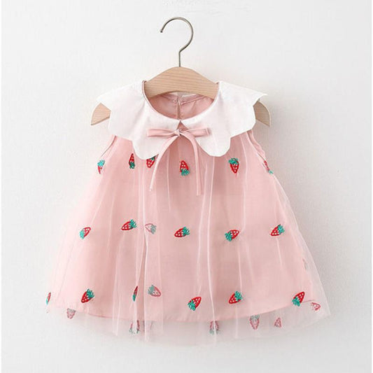Children Dress Summer Turn-down Neck Kids Clothing Baby Girls Clothing Strawberry Embroidery Sleeveless Dress Fruit Vest Skirt Toddler Girl