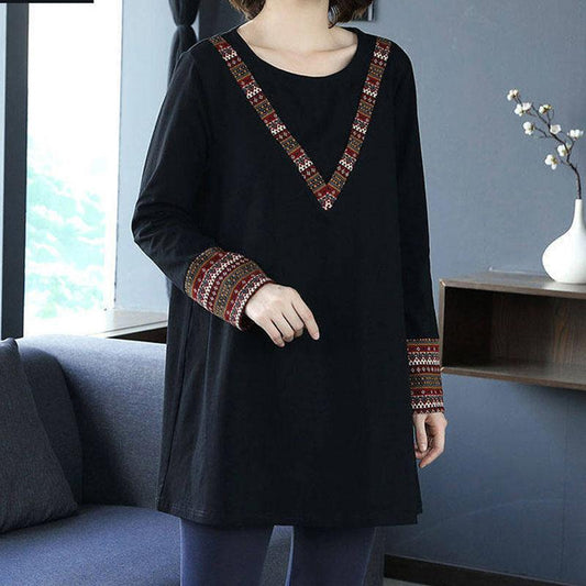 Women's Fashion Casual Tops Splicing Ethnic style Long Sleeve Ladies Loose O-Neck Sweatshirt Pullovers