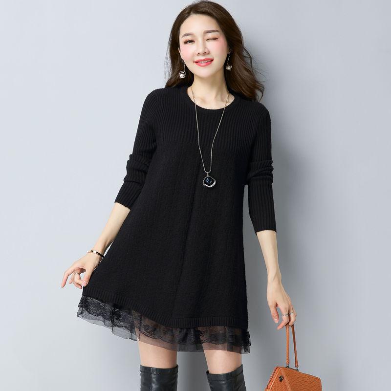 Autumn and Winter Lace Sweater Fashion Knit Mid-length Bottoming Shirt Slim Simple Dress
