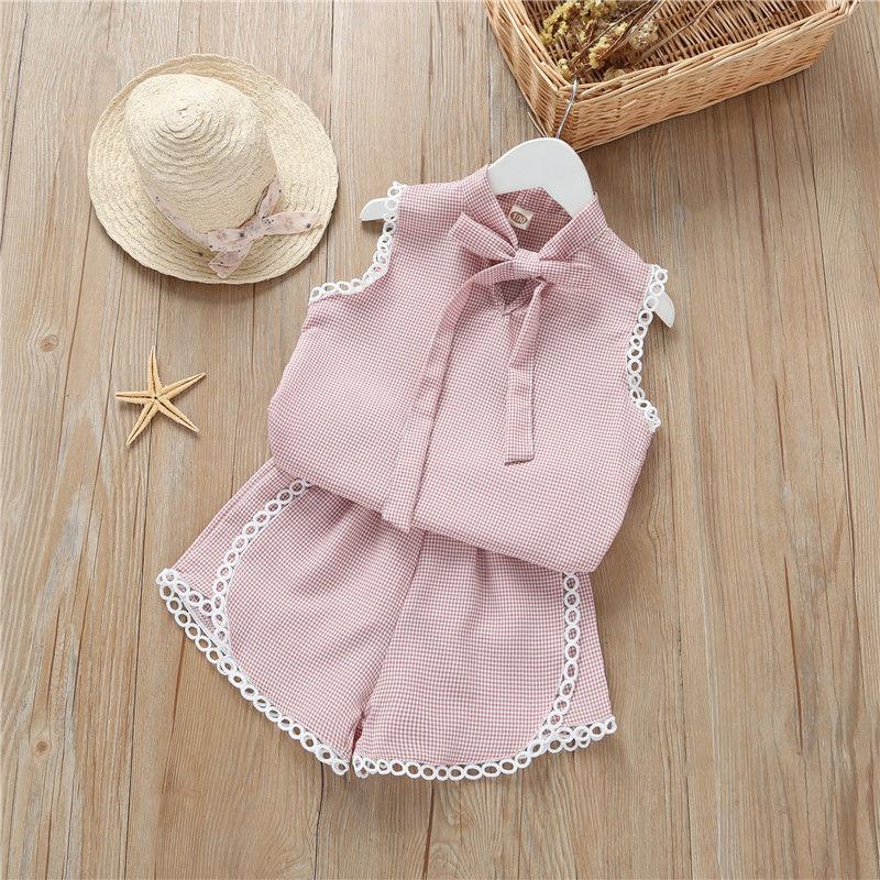 2PCS Summer Baby Girls Casual Korean Style Sleeveless Plaid Vest T-shirt Tops+Shorts Suits Costumes Set