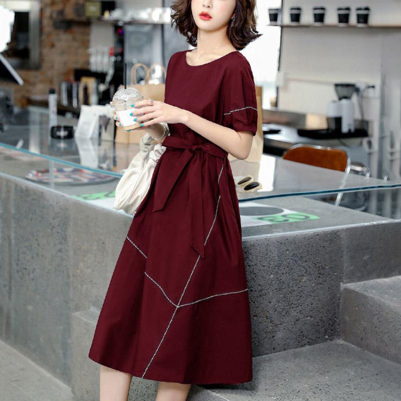 Spring Summer Women's Navy Blue Short-sleeved Dress Simple Lines Waist Knee-length Skirt All-match Casual