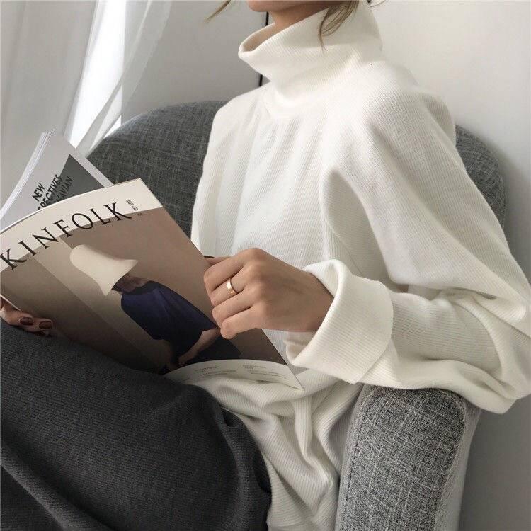 Pofulove Turtleneck Sweater Female Students Autumn Winter Loose Pullover Warm Shirt Solid Color Base