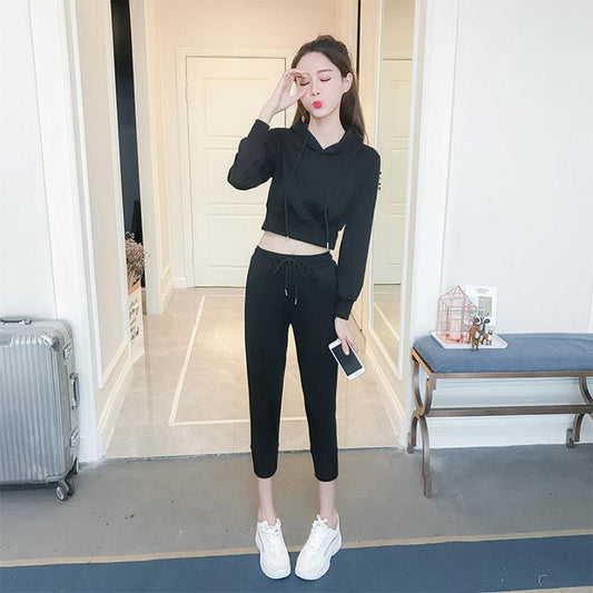 Fashion Solid Color Sports Casual Suit Women's Summer Thin Section Sports Long-sleeved Drawstring Hooded Two-piece Set for Women