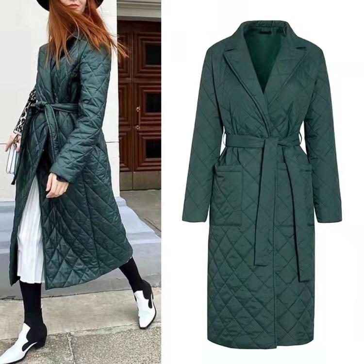 Long Straight Winter Coat with Rhombus Pattern Casual Sashes Women Parkas Deep Pockets Tailored Collar Stylish Outerwear