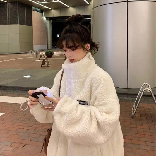 Women's Autumn and Winter All-match Plus Velvet Thick Coat Imitation Lamb Plush Loose Coat Women's Warm Plus Velvet Top