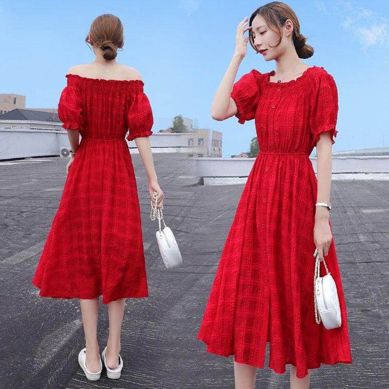 One-word Leaky Shoulder Short-sleeved Red Plaid Long Skirt with Waist and Thin Temperament Chiffon Fairy Dress A-line Skirt with Large Skirt