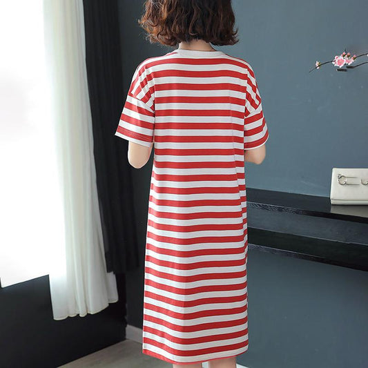 Cotton Fabric Loose Mid-length Striped Pocket T-shirt Skirt Covering The Flesh and Slimming Short-sleeved Dress Women's Loose Striped Straight Dress