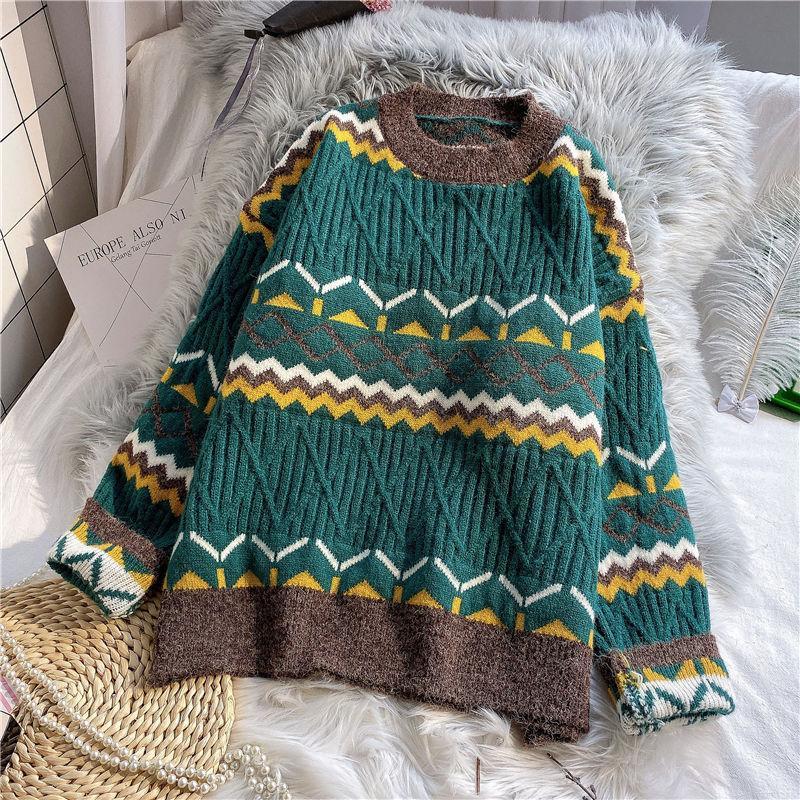 Loose round neck Sweater Women Thick Warm Vintage Knitted Sweater Casual Pullover sweater outwear Autumn Winter
